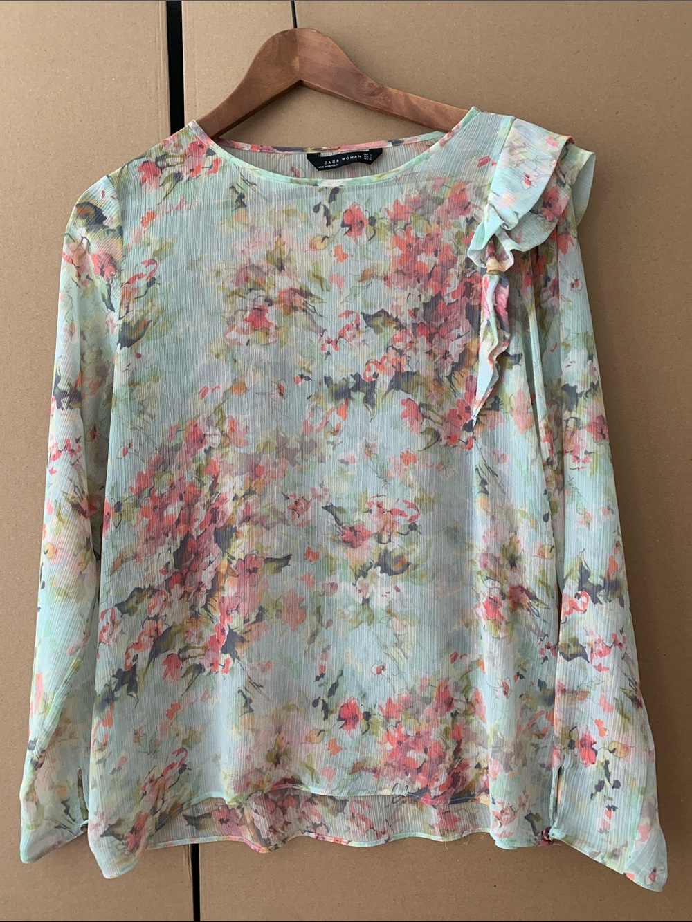 ZARA Mint Floral Ruffle-Shoulder Blouse